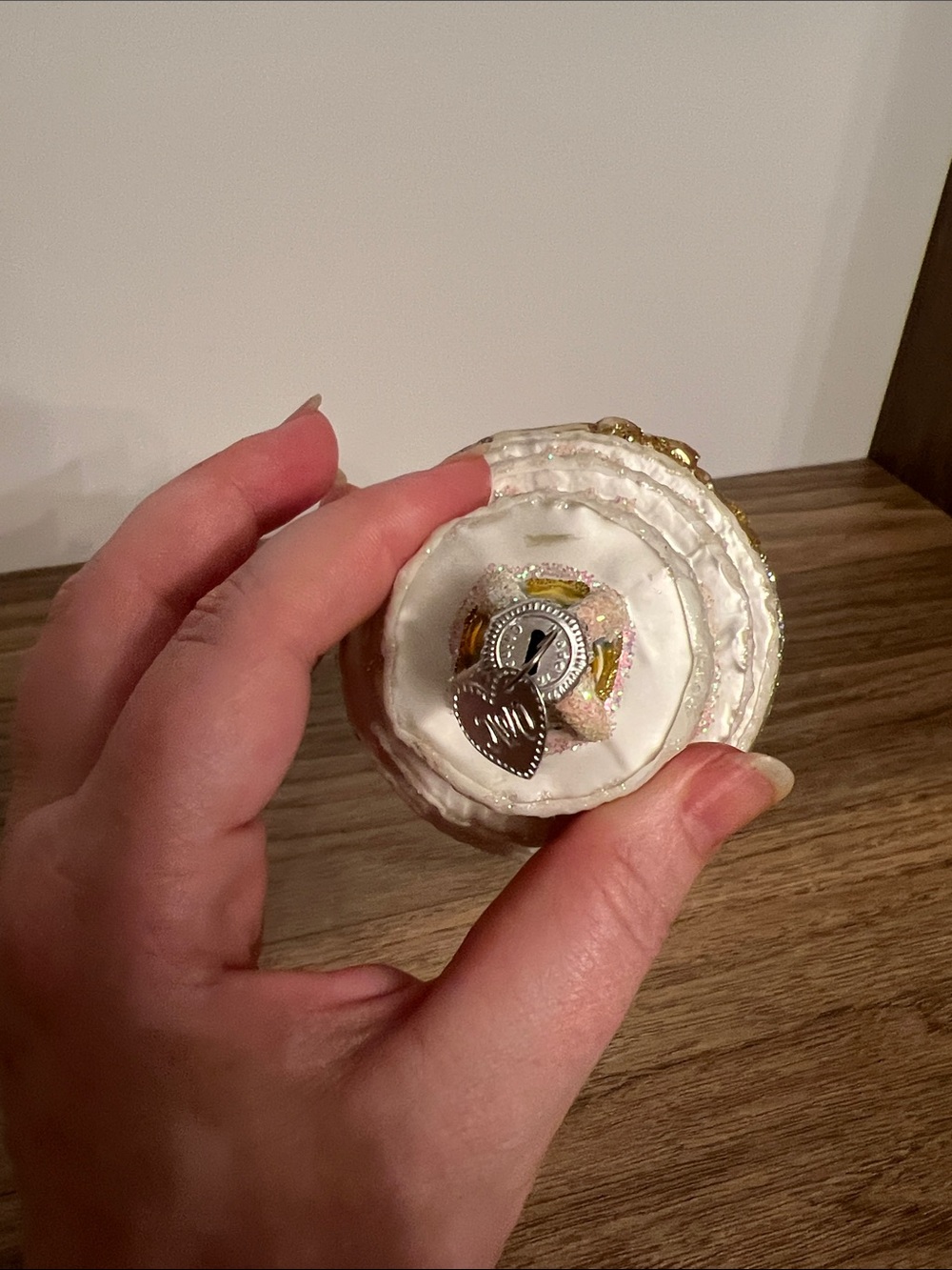 White and Gold Tiered Cake Holiday Ornament with Iridescent Glitter - Picture 5 of 5